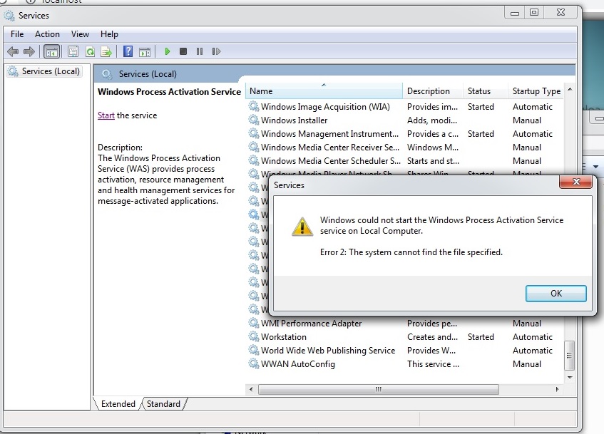 Windows process activation service failed to start